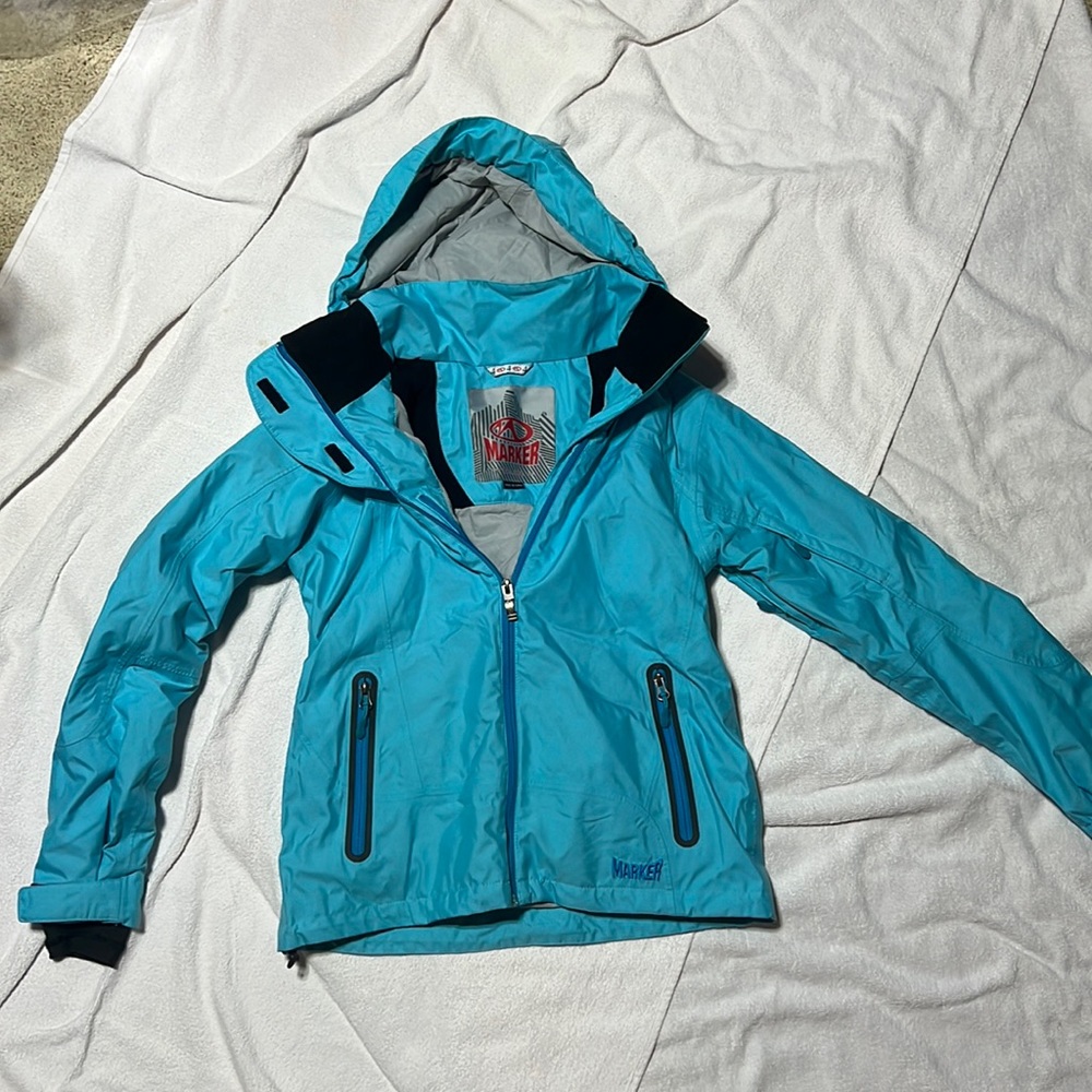 Marker ski jacket women's size 4 light blue color with snap powder skirt